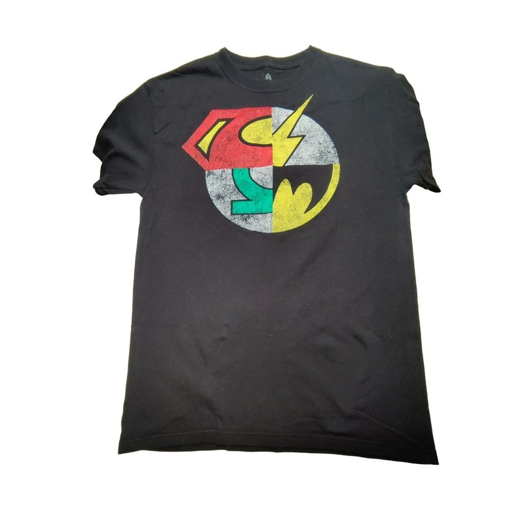 DC Comic Multi-Superhero Emblem Shirt Black Medium 100% Cotton Short Sleeve